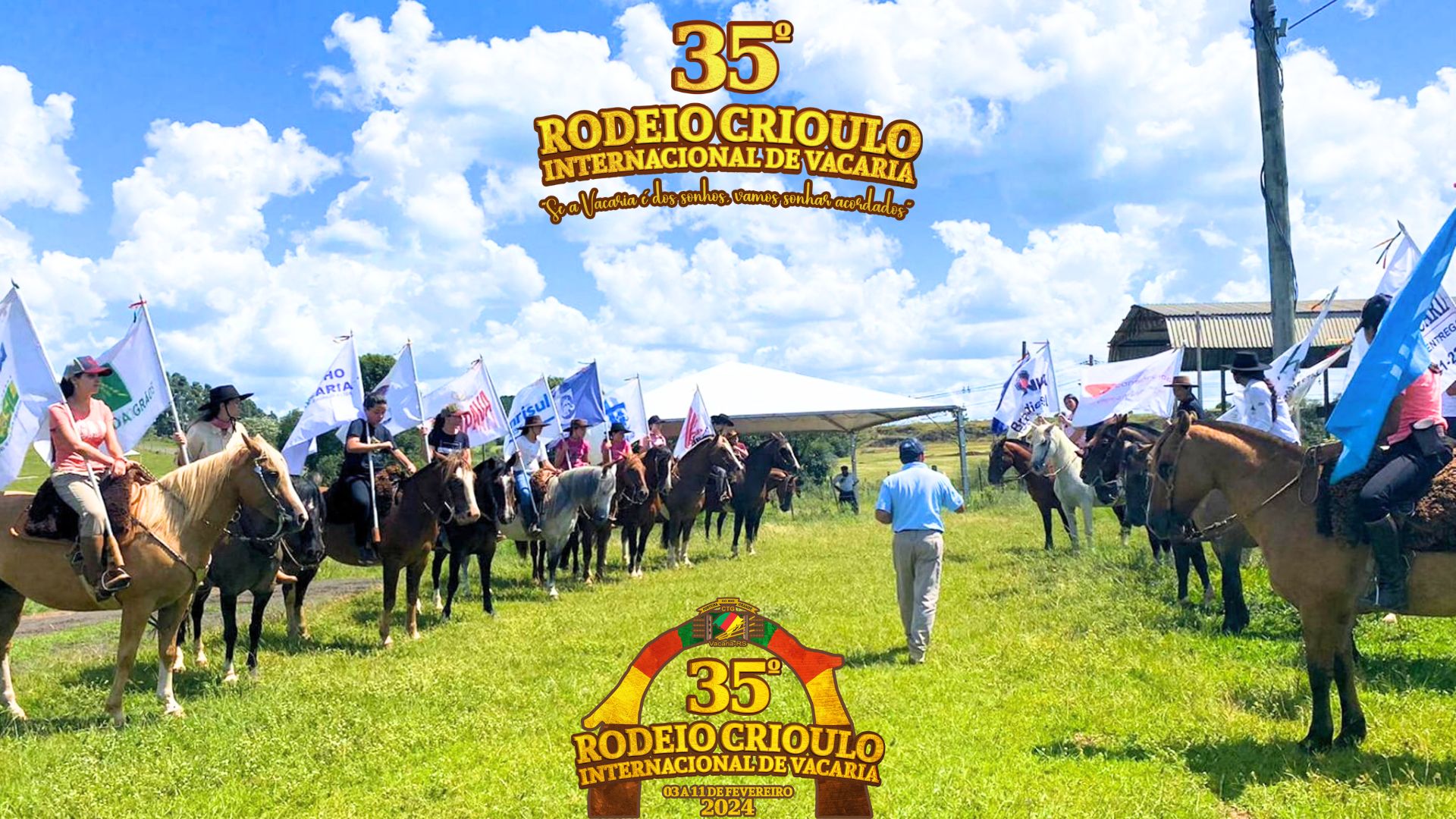 Seguem os ensaios das bandeiras dos patrocinadores para fazer bonito na Cancha Ferradura, durante o Rodeio Internacional de Vacaria. (Divulga&ccedil;&atilde;o, CTG)